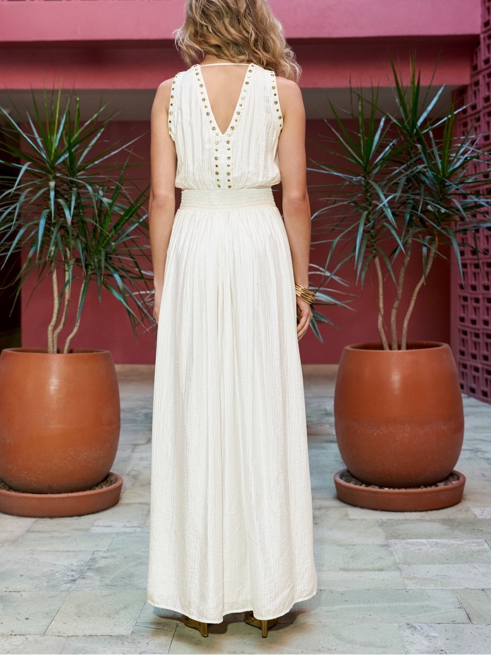 Crystal Grommet Trim Sheen Gauze Maxi Dress size Small - Picture 9 of 11